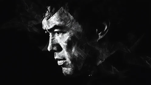 Monochrome male profile rendered in fractured digital chiaroscuro.