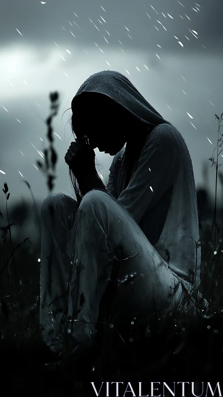 Silhouetted woman praying in stormy night rainstorm field.