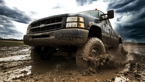 Off-road pickup truck surges through deep mud under storm clouds
