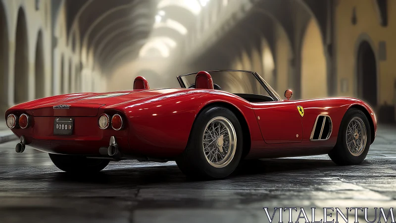 Red classic roadster under vaulted arcade lighting.