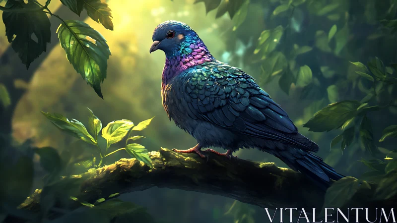 Vivid iridescent pigeon perched on forest branch, digital art style.