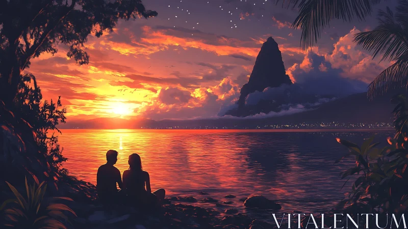 Silhouetted couple admire a fiery tropical sunset in stillness