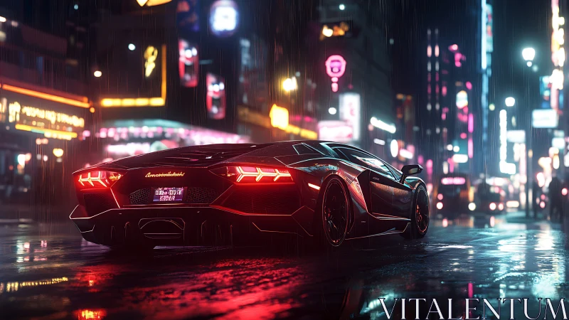 Neon drenched supercar under refracted rainlight dynamics.