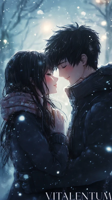 Snowlit anime couple embracing in close winter forehead kiss