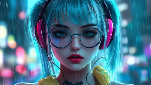 Neon rain hums while the headphone girl rewrites the night