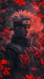 Storm-eyed ninja framed by glowing crimson autumn leaves.