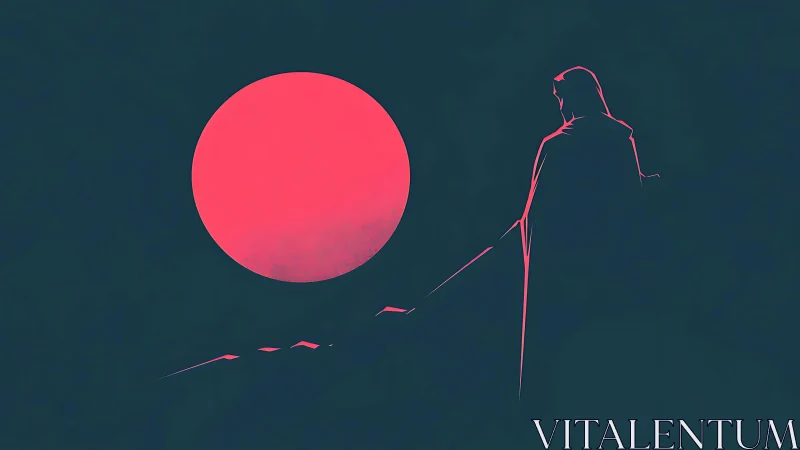 Cloaked wanderer under neon moonlight’s quiet orbit.