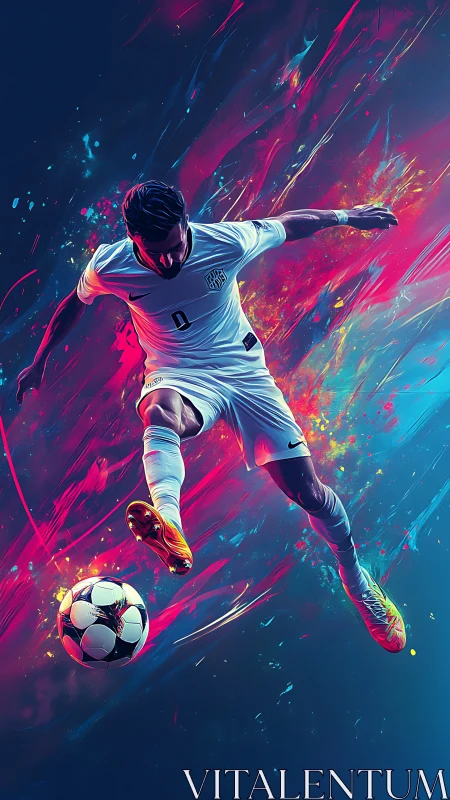 Dynamic soccer hero soaring through neon color bursts.