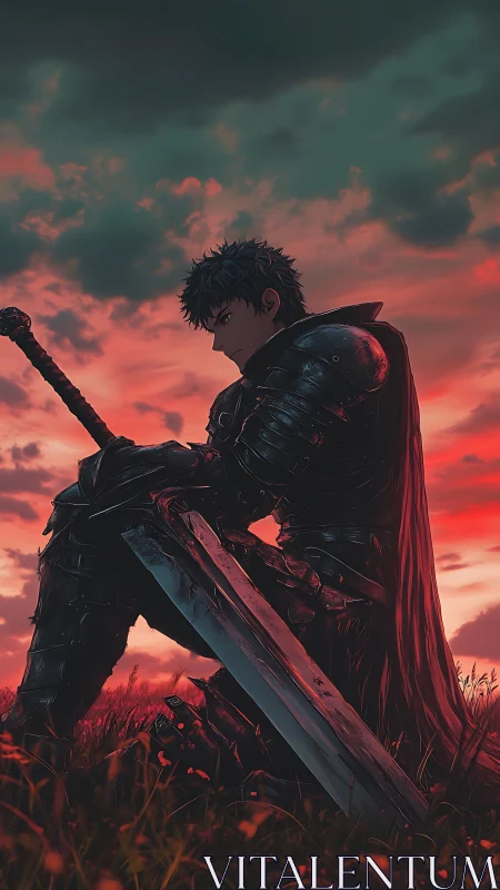 Brooding armored swordsman under bloodred dusk sky.