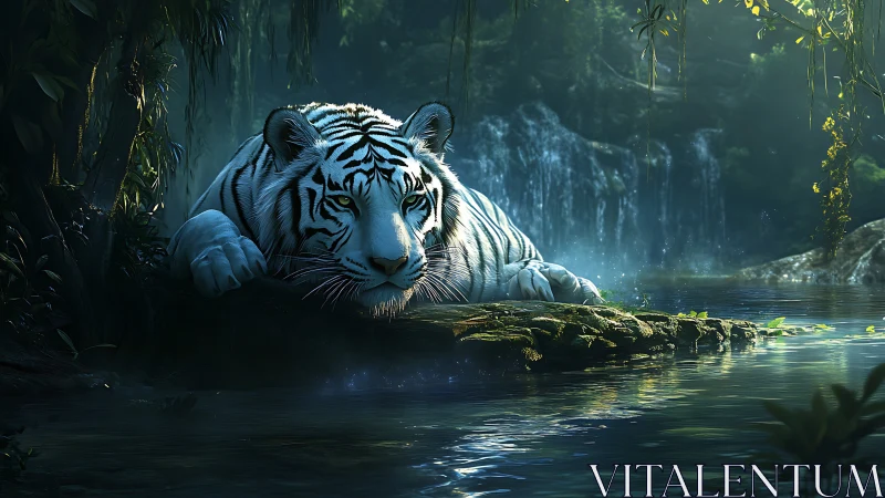 Calm white tiger resting by a glowing jungle waterfall.
