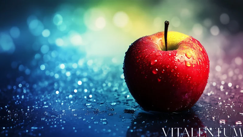 Glowing red apple rests on wet glass under dreamy colors