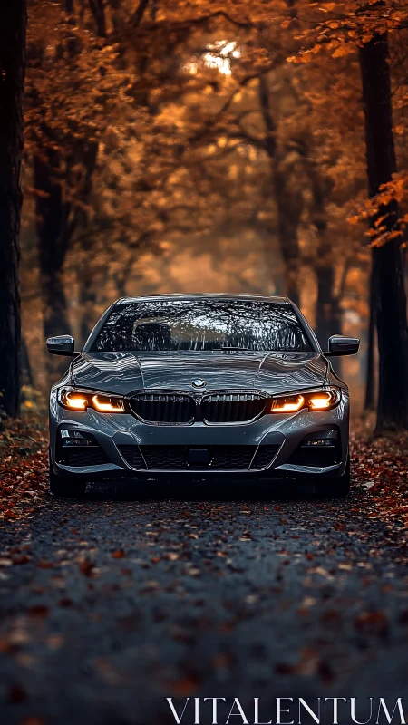 BMW sedan cuts through moody autumn forest lane dusk.