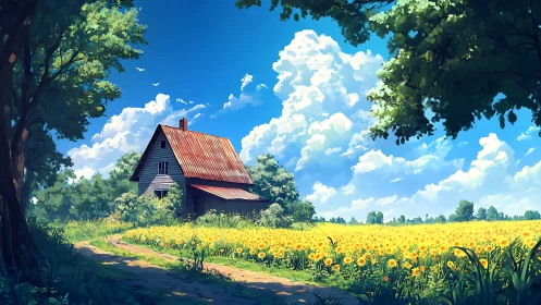 Rural wooden house beside sunflower field under clouds.