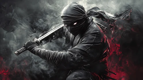 Digital ninja assassin poised in smoky, high-contrast combat stance