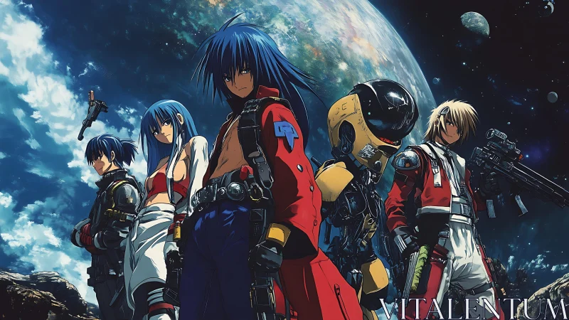 Space mercenary squad stands armed on rocky alien world