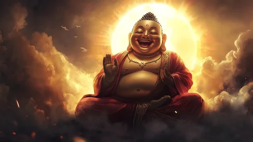 Radiant laughing Buddha amid glowing celestial clouds.