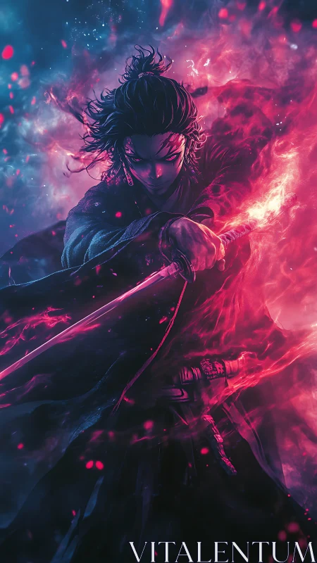 Sword-wielding warrior charges through neon fire and smoke