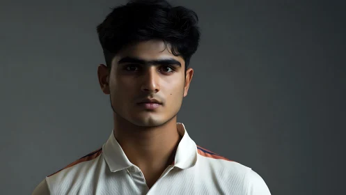 Studio portrait shows young male subject in white sports shirt