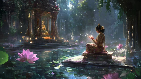 Lotus pond meditation before golden temple shrine at dusk.