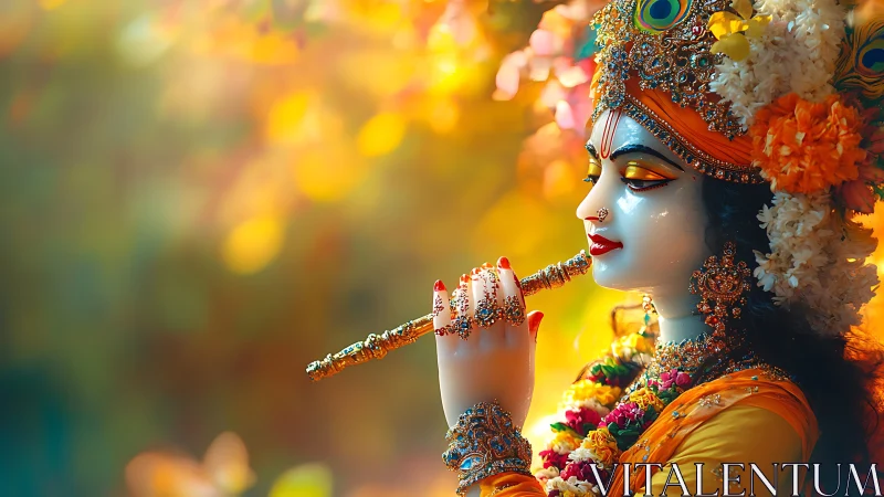 Divine flute player idol in vivid bokeh-lit devotional portrait