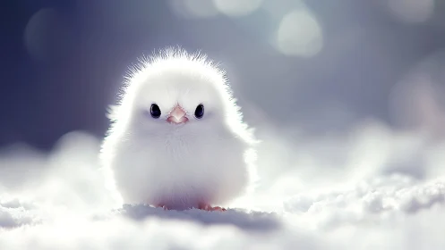 Fluffy White Bird Chick Nestled in Snow