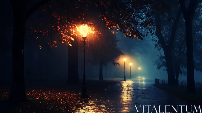 Foggy park pathway glows under rain-soaked autumn lamplight.