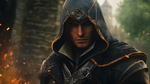 Hooded medieval rogue in leather armor before stone keep.