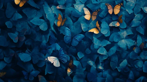 Layered blue and orange butterflies in dense abstract field.