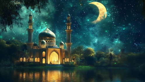 Fantasy palace under crescent moon with luminous night sky.