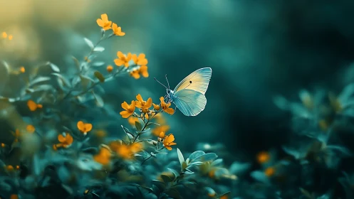 Luminous white butterfly poised among teal forest blossoms.