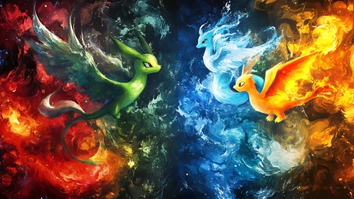 Elemental creature trio dancing through swirling cosmic flames.