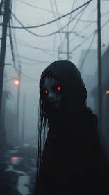 Hooded figure with red eyes stands in foggy urban alley