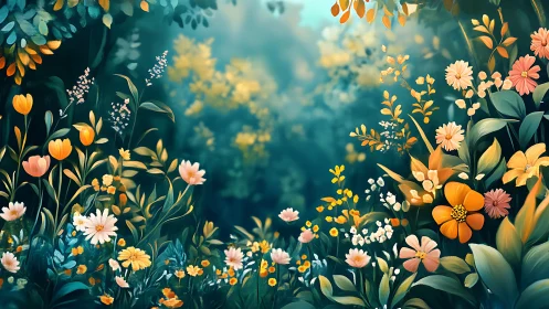 Garden Tapestry: Blooms Illuminate Teal Dreamscape.