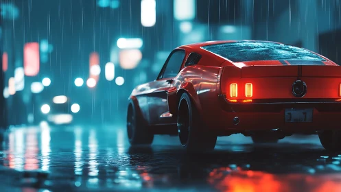 Red sports car is parked on wet city street at night