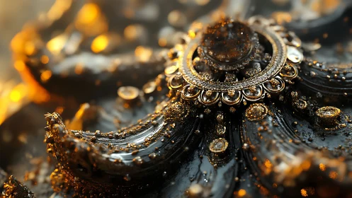 Macro view of ornate gold filigree medallion on dark resin