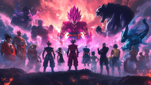 Cosmic clash of blazing warriors beneath apocalyptic skies.