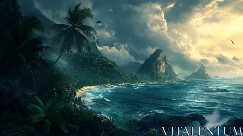 Tropical Coastal Landscape: Digital Rendering of Island Paradise.