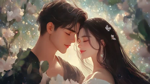 Two souls converge in luminous reverie amid celestial blossoms.