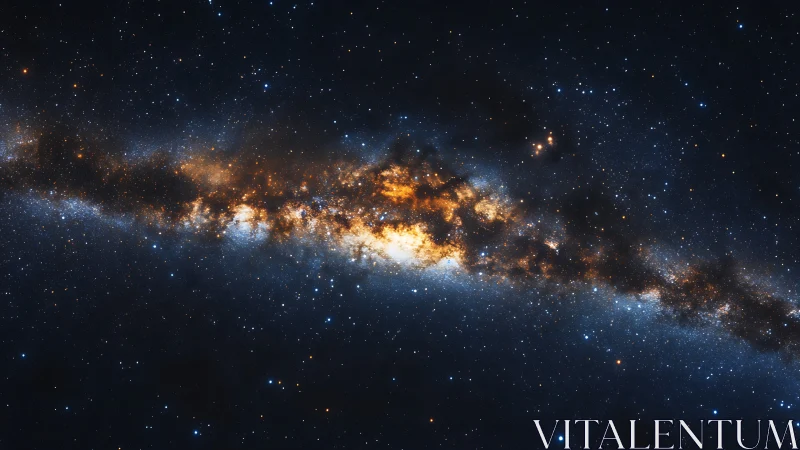 Starfields swirl while a molten galactic river quietly burns