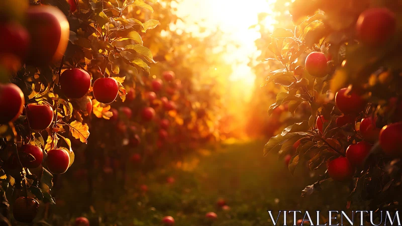 Photorealistic apple orchard with backlit sunset rows.