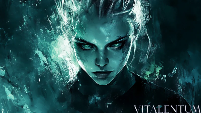 Storm-eyed sorceress burns through teal fractured darkness