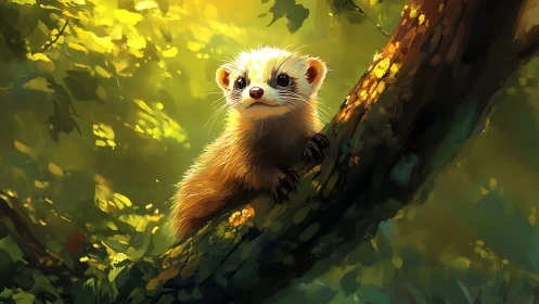 Sunlit forest ferret pauses mid-climb to survey the day