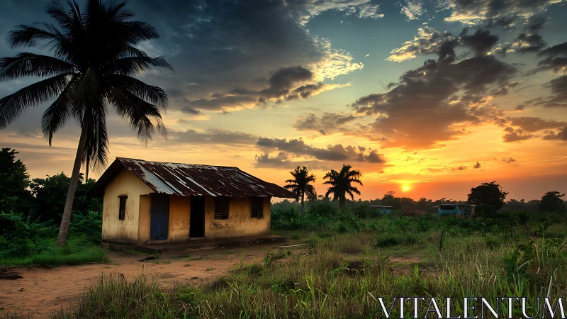 Rural farmhouse basks in warm tropical sunset light