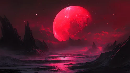 Crimson alien moon above dark jagged landscape at dusk.