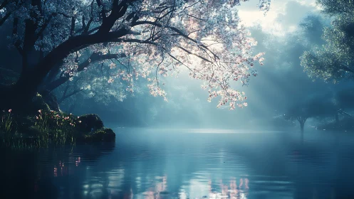 Sunlit blossom branches glow above a misty blue lake.