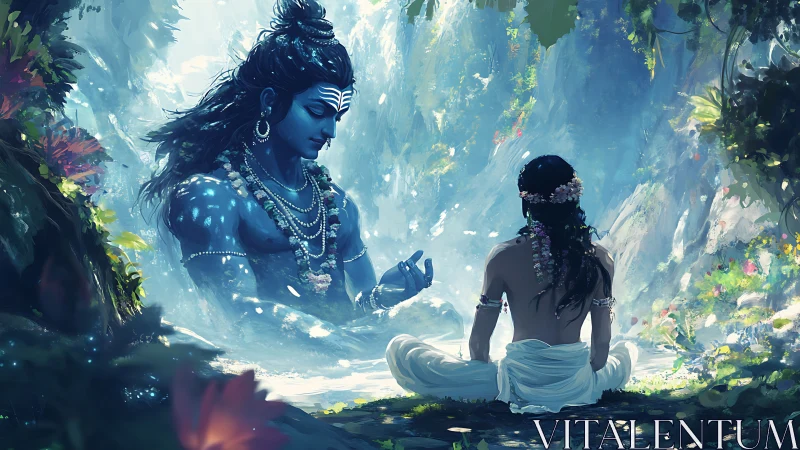 Soft forest light cradles a divine guide and calm seeker