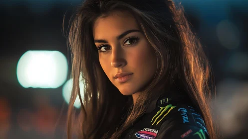 Portrait of motorsport woman under soft evening track lights
