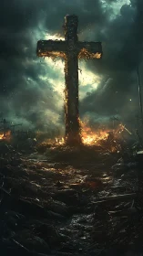 Burning cross carves a path of light through storm wreckage