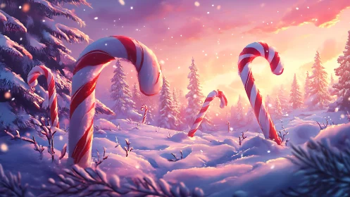 Candy cane forest under glowing winter sunset sky.