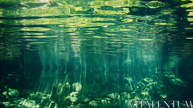 Underwater river view with stones and light rays.